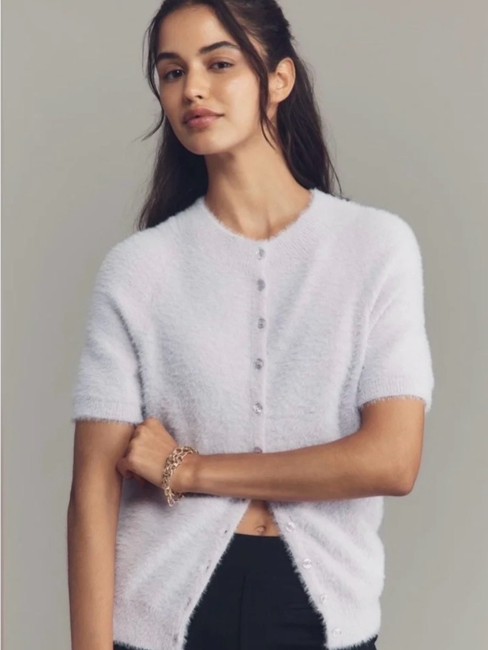 Anthropologie Short-Sleeve Fuzzy Button-Front Cardigan Top in Light Lavender